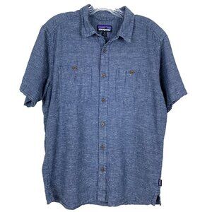 Patagonia Mens M Medium Back Step Short Sleeve Button Up Shirt Blue Hemp Organic